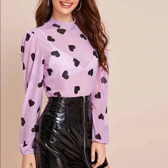 Heart Print Sheer Blouse (Without Bra) - Picture 3 of 5